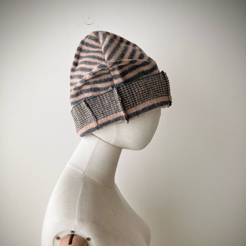 joodito origami crown wool sweater hat bucket beanie cap cloche striped gray tan - Picture 8 of 13